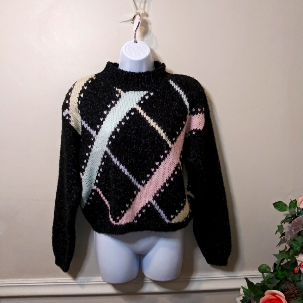 Vintage 80's Blsck Heart Stitch Pastel Striped Grandpa Style Cropped Sweater